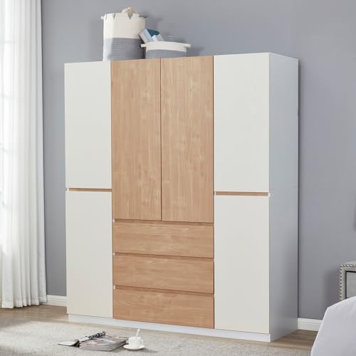 Armoire Wardrobe Closet Cabinet, 4 Door 3 Drawers Wooden Tall Cabinet Closet Wardrobe for High Storage Capacity, White Closet Cabinet with Hanging Rod 63" L x 20.3" W x 74.2" H