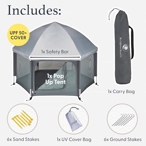 POP 'N GO Baby Playpen - Indoor & Outdoor Playpen for Babies and Toddlers - Baby Beach Tent, Foldable, Portable W/Canopy, Travel Bag, & Mosquito Net - Pop Up Pack and Play Tent (Anchor Grey)