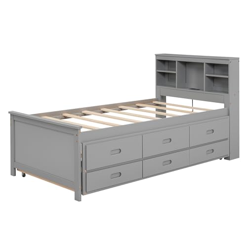 Full Size Bookcase Bed with Charging Station, Wood Captain Bed with Trundle and Storage Drawers, Full Platform Beds with Storage Headboard for Kids Boys Girls, Noise Free, No Box Spring Needed, Gray