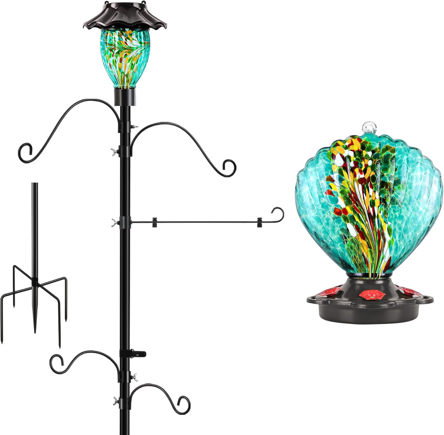 LUJII Solar Shepherds Hooks with Hand Blown Glass Hummingbird Feeder, Adjustable 4 Arms and 1 Flag Holder, Heavy Duty Garden Stand&Teal Hummingbird Feeder for Outdoor Decor, Lanterns