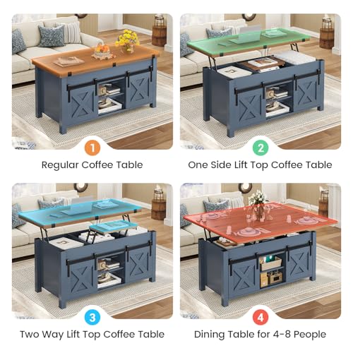 SEDETA Lift Top Coffee Table, 4 in 1 Multi-Function Convertible Coffee Tables with Storage and Hidden Compartment, Farmhouse Coffee Table Converts to Dining Table for Living Room, Grey