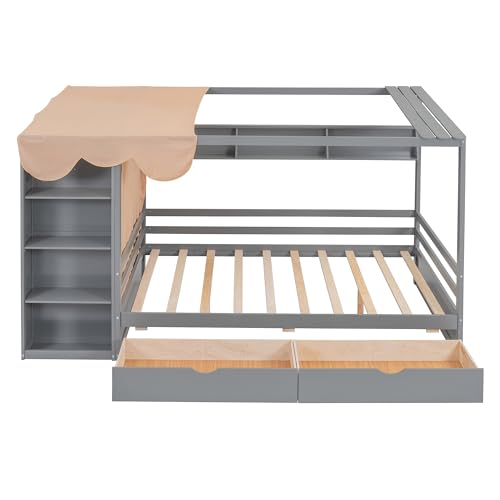 Multi-functional Twin Size House Bed with 2 Drawers and Built-in Wardrobe, Solid Wood Daybed Platform Bed Frame with Curtain Fabrics and Shelves, Maximising Space (Grey-Curt)