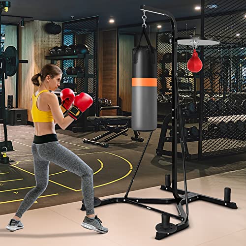 GYMAX Punching Bag with Stand Adult, Freestanding Boxing Machine with Height Adjustable Speed Ball & Sandbag, Pre Filled Heavy Punching Bag for Adults, Kickboxing Bag for Training MMA Muay Thai
