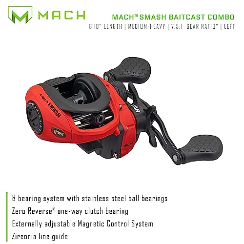 Lew's MACH Smash Baitcast Reel and Fishing Rod Combo, IM6 Graphite Blank Fishing Rod, Split Grip Winn Dri-Tac Handle, Fluorescent Red