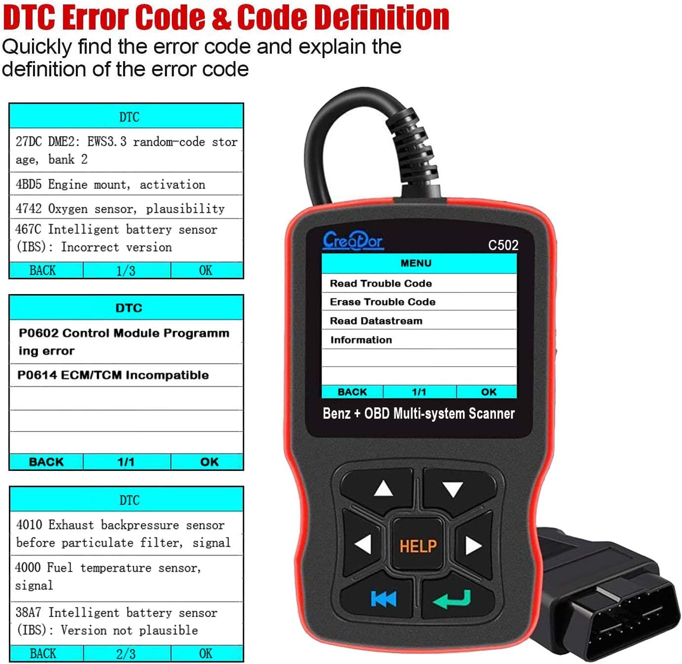 Creator OBD2 Scanner for Mercedes Benz ABS SRS Transmission Full System Diagnostic Scan Tool Professional Automotive Code Reader - Creator C502 [2022 Version]