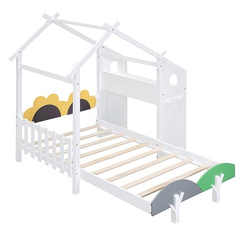 House-Shaped Twin Size Platform Bed with Windmill and Flower Decor, Solid Wood House Bed Kids Bed with Desk and 2 Handles for Girls Boys, Strong Sturdy Slats Support (at-White)