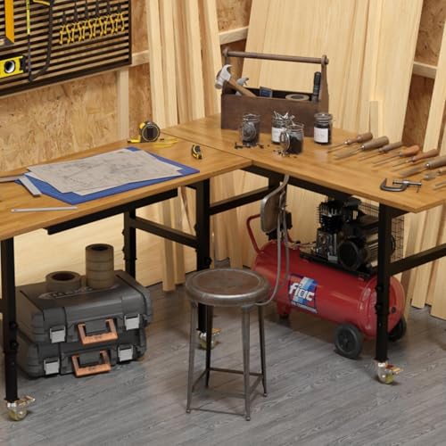60" Adjustable Workbench, 2000 LBS Load Capacity Heavy Duty Table, Hard Wood Work Bench with Power Outlets, Wheels and Drawer for Garage, Workshop, Home, Office, Easy to Assemble