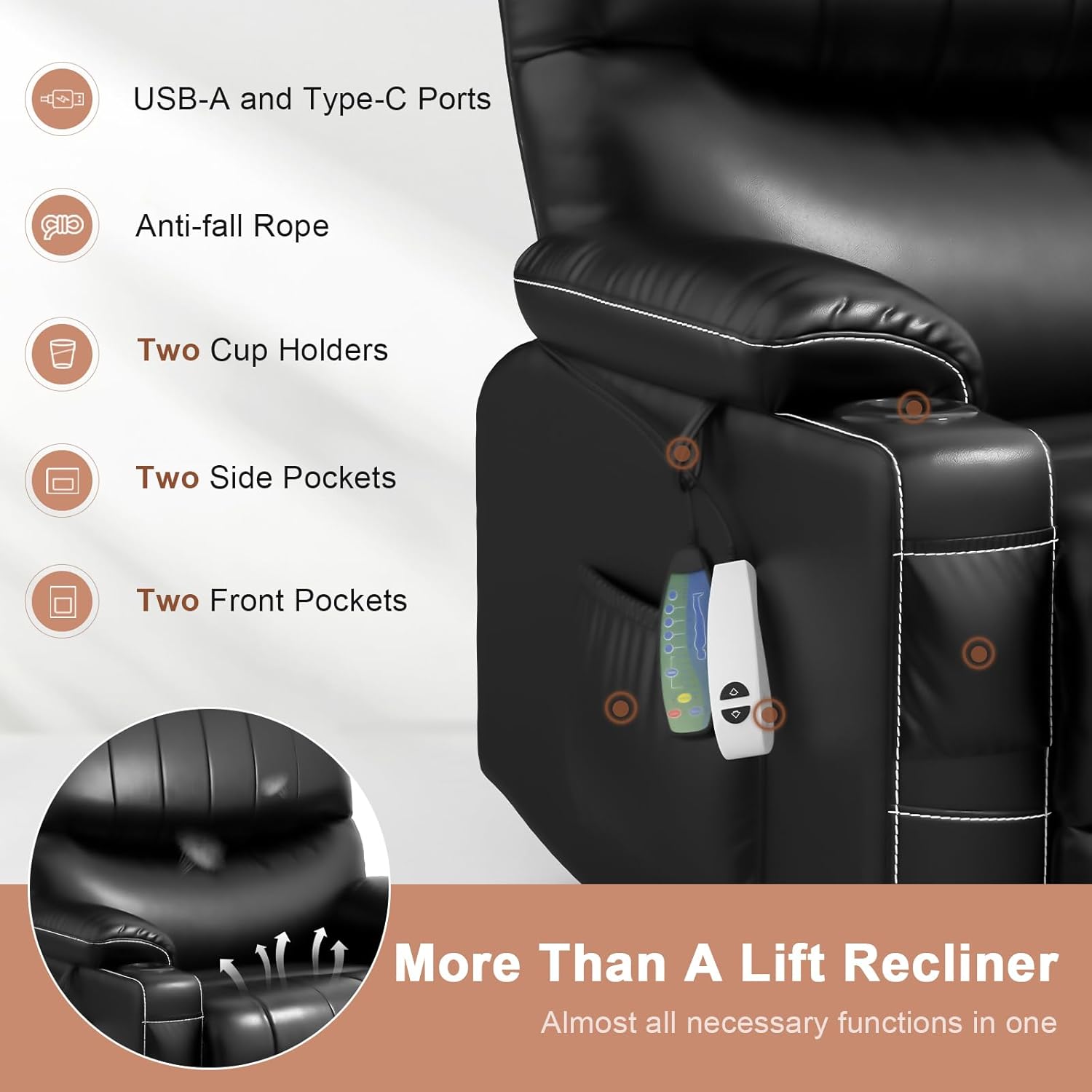 Large Lift Chair, Oversized Power Lift Recliner Chair for Elderly, Lift Chair Recliner for Elderly with Heat and Massage, Faux Leather Lift Chair with Cup Holders, USB Ports, Infinite Position