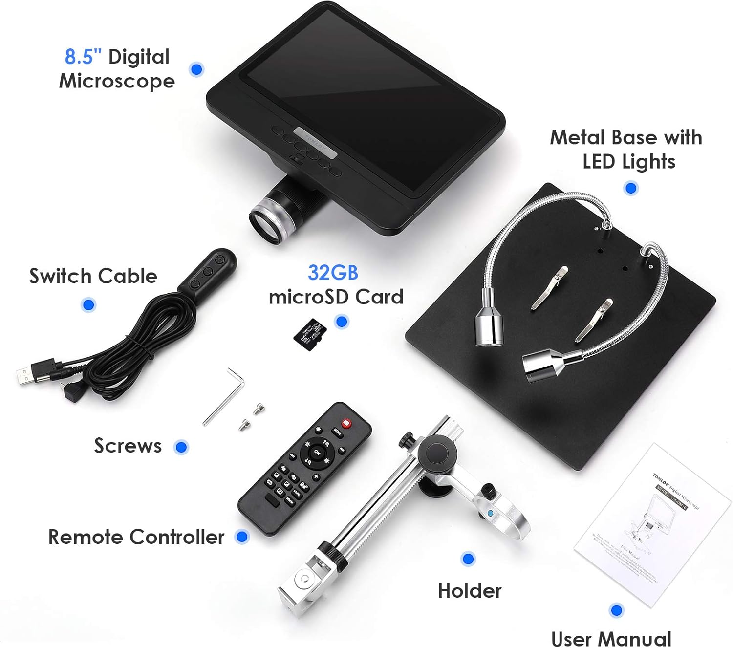 TOMLOV DM10 8.5'' Digital Microscope 50X-1300X Soldering Microscope, UHD Video Microscope with 12MP Ultra-Precise Camera Sensor for Adults, SD Card Include