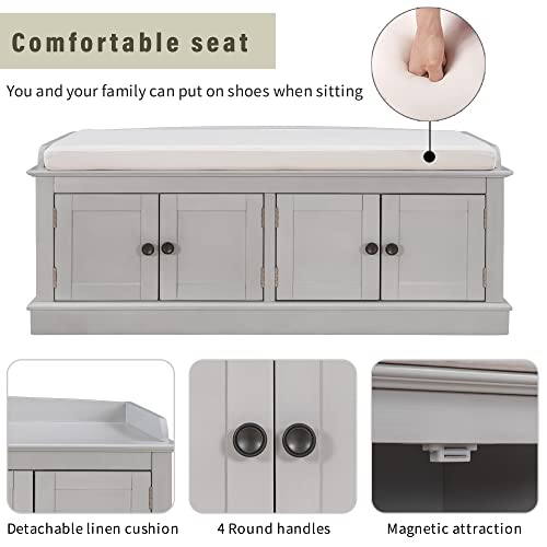 Storage Bench, Entryway Bench with 4 Doors and Adjustable Shelves, Shoe Bench Shoe Cabinet Storage Ottoman with Removable Seat Cushion for Living Room Entryway Hallway (Antique Navy)