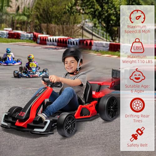 24V Electric Go Kart for Kids，Powerful Drift Kart with Adjustable Seat, 2x150 Motor, 8.5 Mph Speed, 4 Speed Modes, Led Lights, Music, and Honking Horn for Ages 6-12,Red