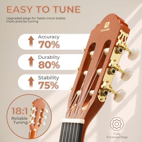 Classical Guitar Full Size 4/4 Spanish Style Classical Guitarra, 39 Inch Nylon Strings Guitar Ideal for Beginner Adults, Solid Cedar Top, by Vangoa