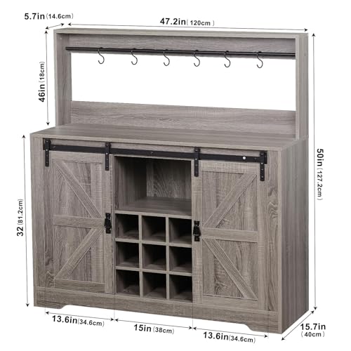 Coffee Bar Cabinet with Storage,47" Farmhouse Kitchen Buffet Sideboard with Sliding Barn Door and Adjustable Shelves,Liquor Cabinet Bar for Home,Dining Living Room(Grey)