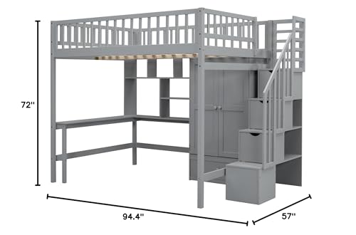 Full Size Loft Bed with Wardrobe Desk Storage Stairs, Wood Loft Bed Frame with Bookcase and Drawers, High Loft Bedframe for Kids Teens Adults, No Box Spring Needed, Espresso