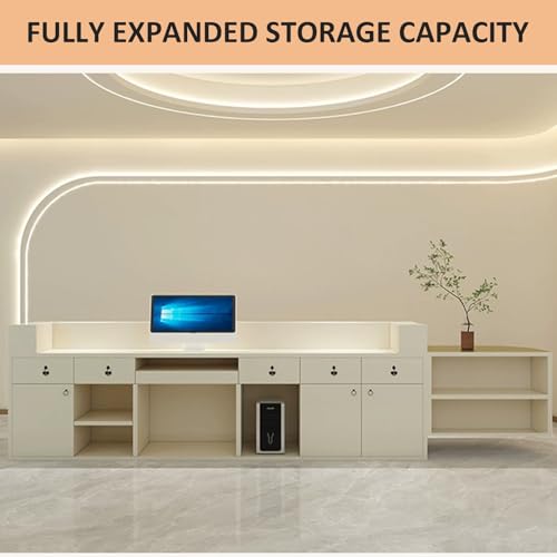 Luxurious Reception Counter Desk - Reception Desk with LED Lights & Glass Top | Front Counter Desk with Lockable Drawer, for Office Boutique Lobby (64IN)