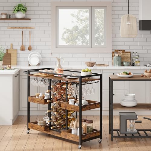 Bar Cart, 39.4 Inches Width 3 Tier Bar Carts for The Home, Home Bar & Serving Carts, Rolling Bar Cart with Wheels, Drink Cart with Wine Rack & Wine Glass Holder Up to 48 for Kitchen-Brown