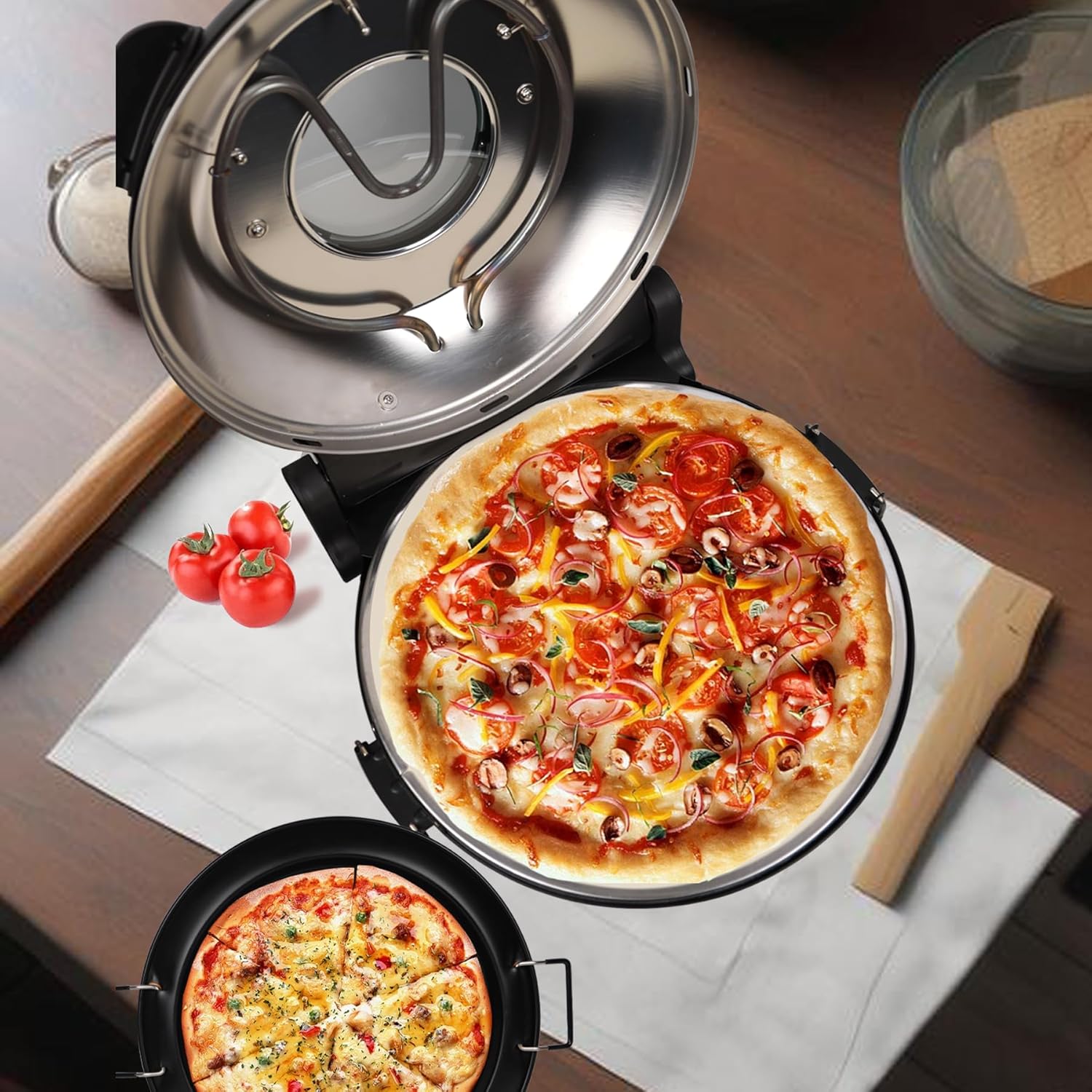 Electric Pizza Oven Indoor 12 Inch Countertop Pizza Oven Electric Pizza Oven Indoor Portable Pizza Cooker with Viewing Window, Timers, Check Pizza Cooking At Any Time, BLACK