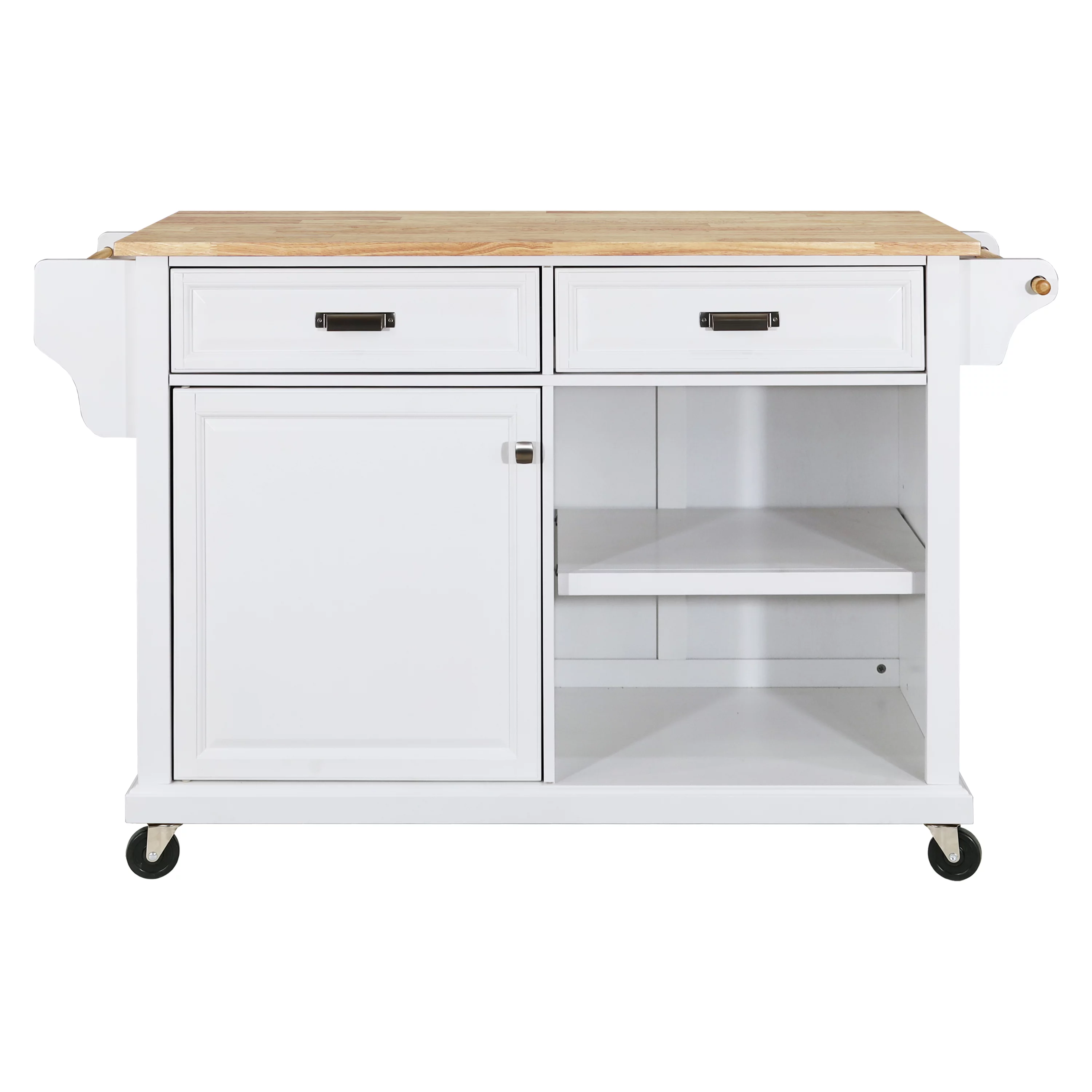 Multi-Functional Storage Island Cart with Rubberwood Countertop and Drop-Leaf, Greenguard Gold Certified, Kitchen Island on Wheels with Large Storage Cabinet,2 Drawers,Spice Rack,Towel Holder, White