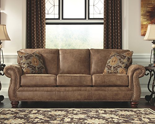 Signature Design by Ashley Olsberg Faux Leather Sofa with Nailhead Trim and 4 Accent Pillows, Gray & Olsberg Faux Leather Manual Rocker Recliner with Nailhead Trim, Gray