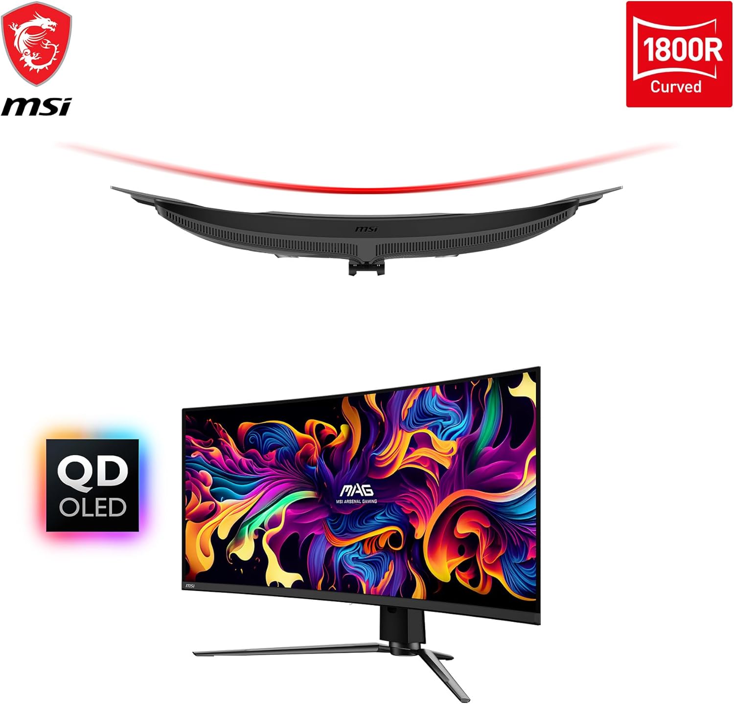MSI MAG341CQP QD-OLED, 34 Curved OLED Gaming Monitor, 3440 x 1440 (UWQHD), OLED 0.03ms Response time, 175Hz, True Black HDR 400, HDMI, DP Port, USB Type C, Tilt, Height,Black
