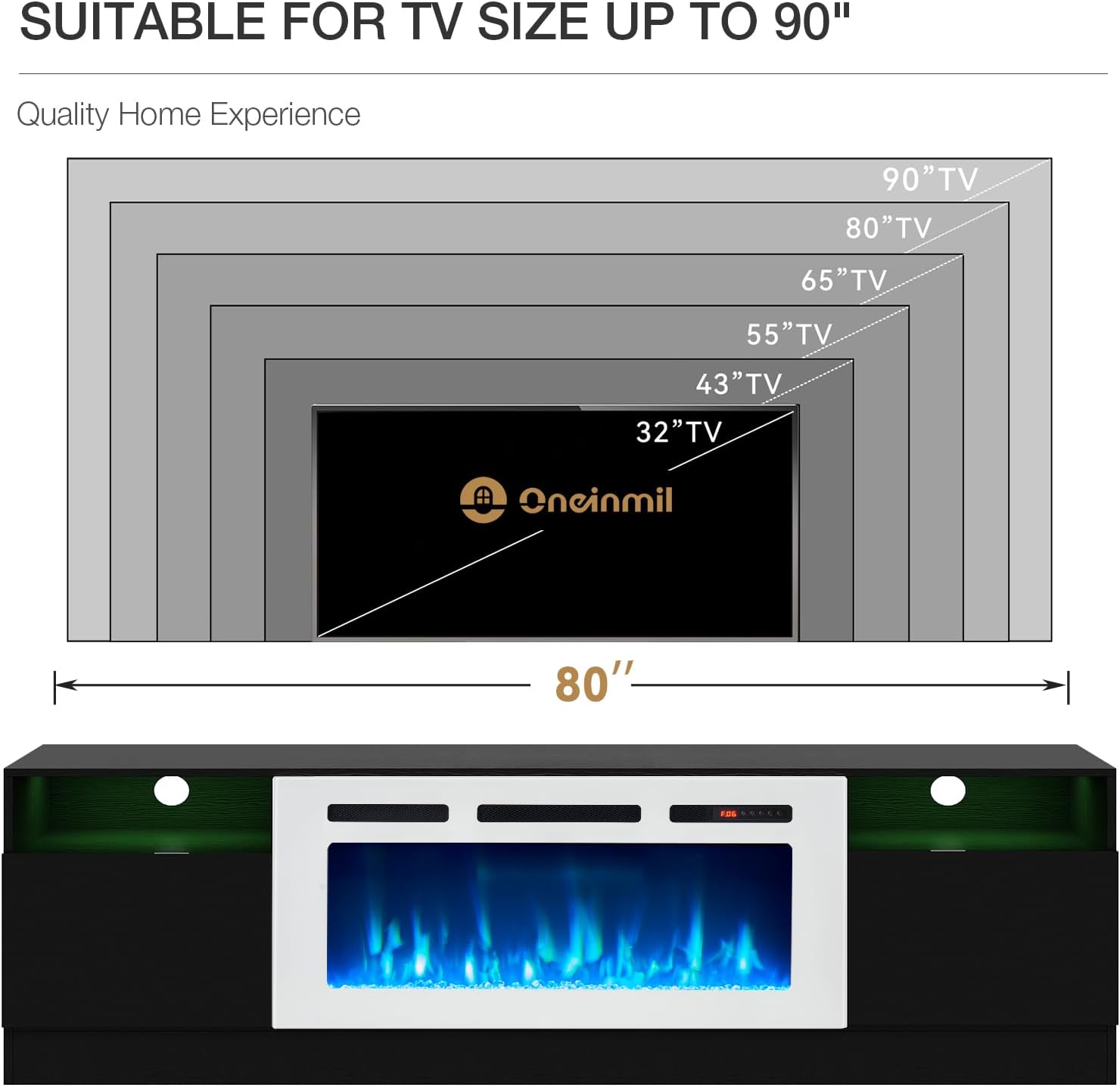 oneinmil Fireplace TV Stand with 36" Electric Fireplace, LED Light Entertainment Center with Modern Wood Texture, Highlight Storage Cabinet for TVs Up to 90", 79 inches, Black