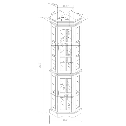 Corner Curio Display Cabinet with 5 Shelves and Lighting System, Wooden Accent China Cabinet with Tempered Glass Doors for Living Room, Bar and Liquor Storage Area (Oak)