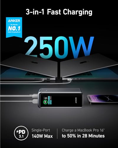 Anker Prime 27,650mAh Power Bank (250W) with 100W Charging Base, 3-Port Portable Charger, Smart App, Compatible with iPhone 15/15 Plus/15 Pro/15 Pro Max/14 Series, MacBook, Samsung, Dell, AirPods