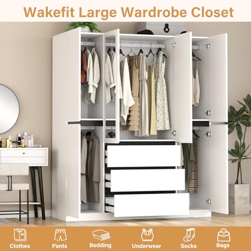 Wakefit Armoire Wardrobe Closet, 4 Doors Wooden Wardrobe Closet Cabinet with Mirro, Bedroom Armoires with Hanging Rod Shelf Freestanding Wardrobe Cabinet for Bedroom, Guest Room, White