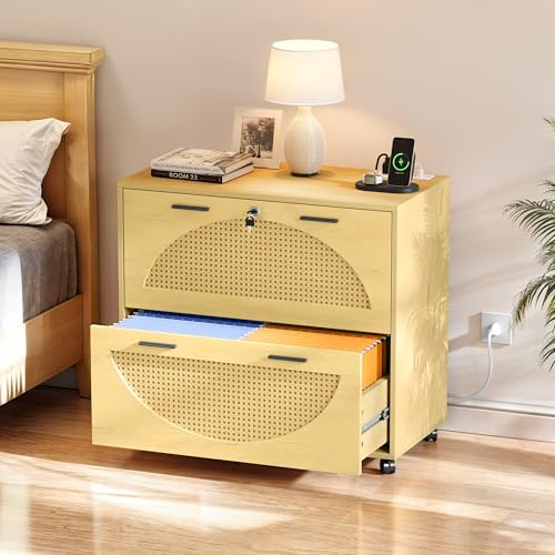 YITAHOME 2 Drawer File Cabinet with Charging Station, Rattan Filing Cabinet with Lock, Wood File Cabinet with Wheels, Home Office Furniture Fits A4, Letter, Legal Size Files