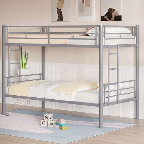 VECELO Metal Loft Bed Twin Size, Heavy Duty Bedframe with Removable Ladder and Safety Guardrail, Space-Saving, Noise Free, No Box Spring Needed, Off White