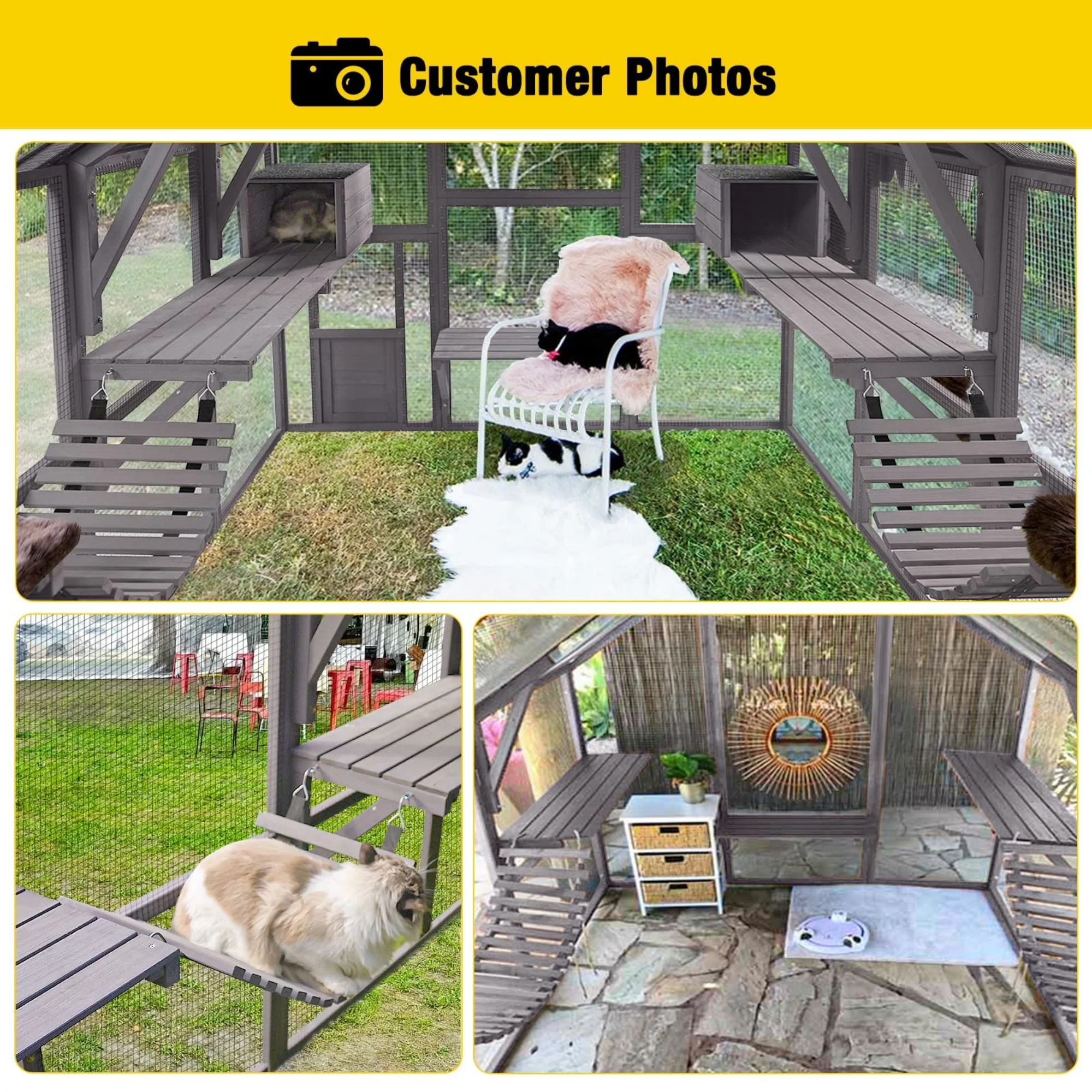 Morgete 110'' Extra Large Cat House Outdoor Walk-in Enclosure Wooden Catio Cage with Bridges, Platforms, Rest Rooms, Roof Cover