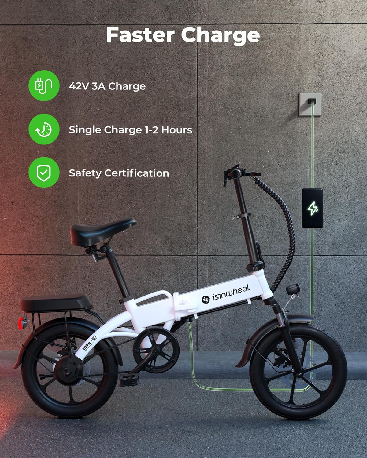 isinwheel U3 16" Foldable Electric Bike Adults, 500W Electric Bicycle, Front Fork Suspension, 19 MPH, UP to 45 Miles Folding Ebike, Suitable for Leisure Riding&Commuting, UL2849 Certified (White)
