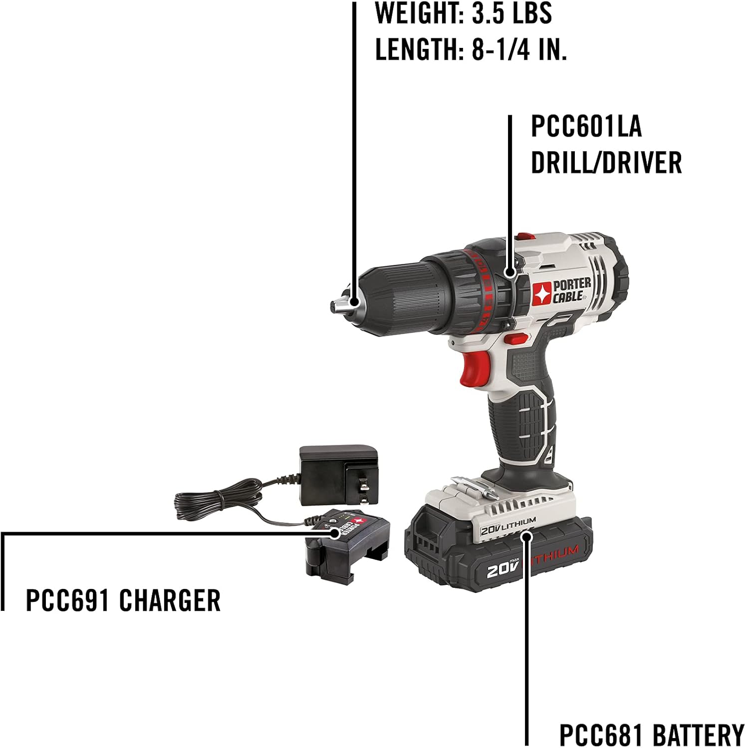 PORTER-CABLE 20V MAX* Cordless Drill/Driver Kit, 1/2-Inch (PCC601LA)