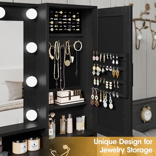 Fameill Vanity Desk with Mirror and Lights,Small Make up Vanity with Chair and Outlet,Makeup Table with Jewelry Cabinet, Bedroom Vanity with 2 Drawers, 3 Lighting Colors,36.4 inch,White