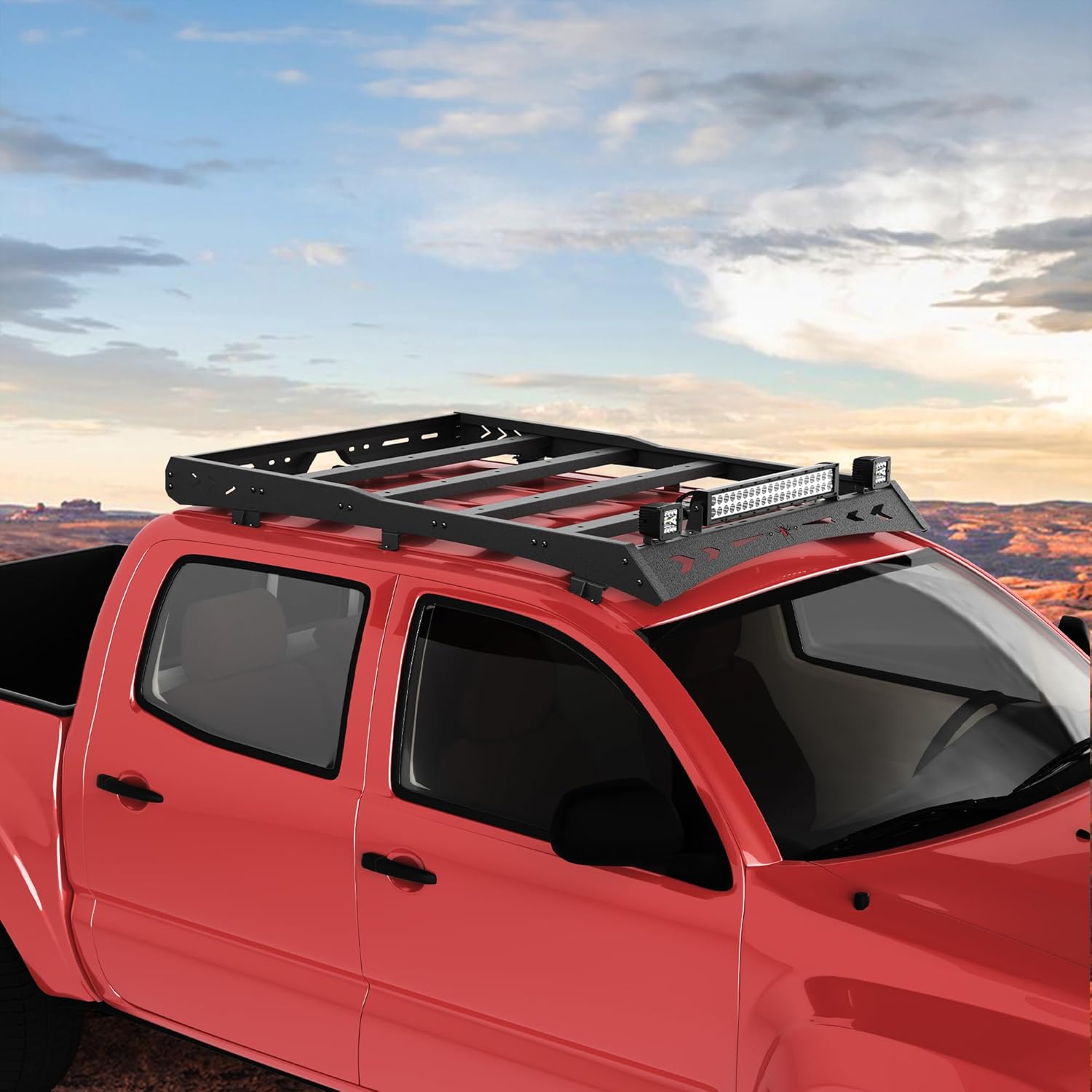 Roof Rack for Tacoma Roof Rack Cargo Carrier Heavy Duty Top Roof Basket Rack Extension with 2 X 18W LED Lights and 1 X 144W Light Bar Fit for Toyota Tacoma 2005-2022