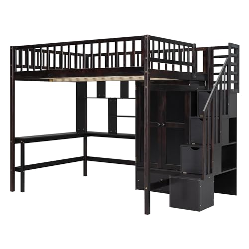 Full Size Loft Bed with Wardrobe Desk Storage Stairs, Wood Loft Bed Frame with Bookcase and Drawers, High Loft Bedframe for Kids Teens Adults, No Box Spring Needed, Espresso