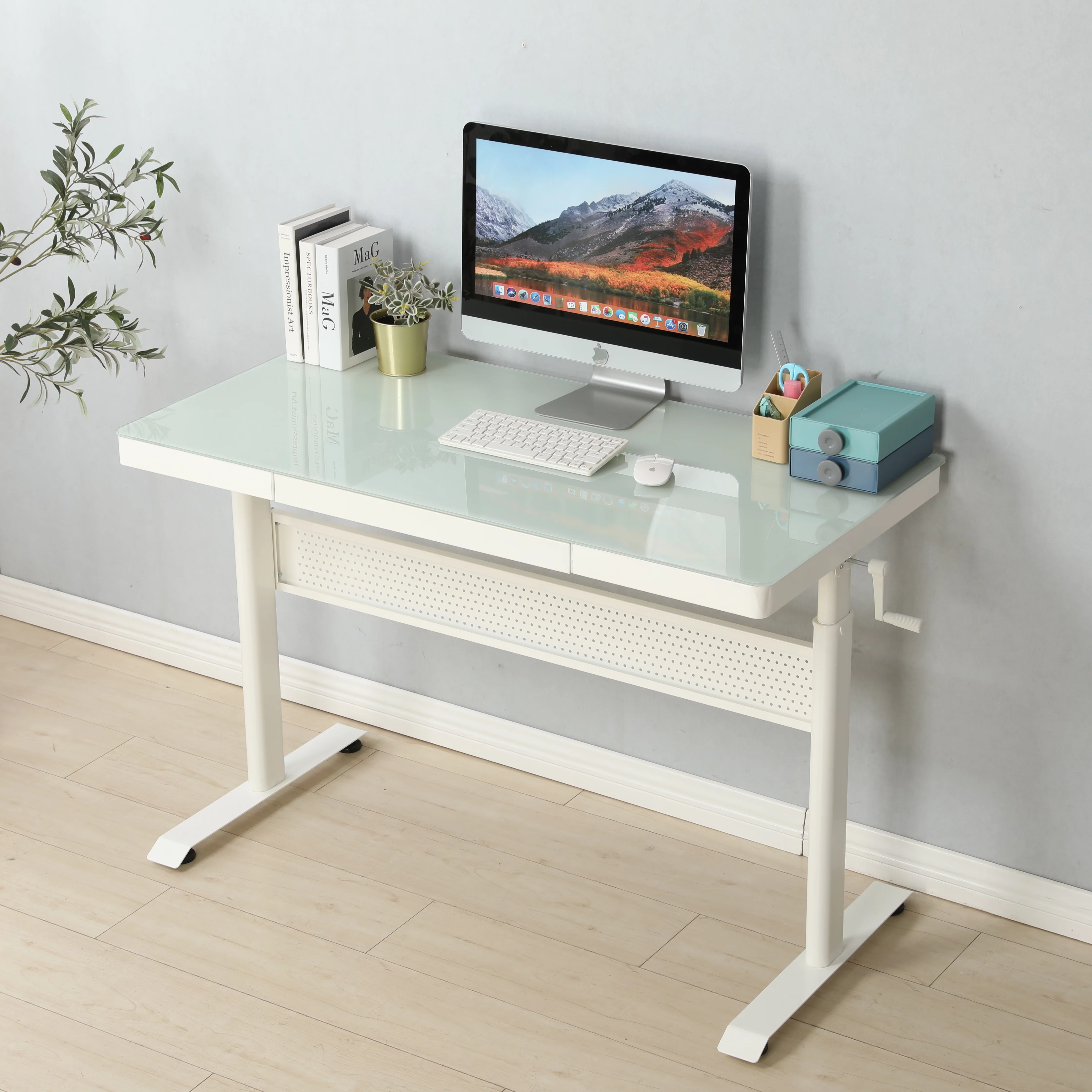 Tempered Glass Standing Desk with Metal Drawer 48 x 24 Inches , Adjustable Height Stand up Desk, Sit Stand Home Office Desk, Ergonomic Workstation