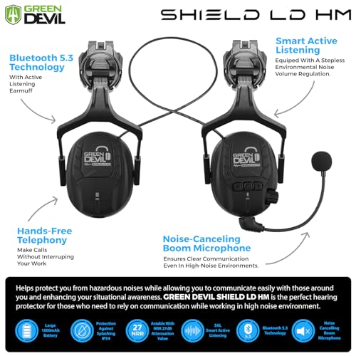 GREEN DEVIL Hard Hat Safety Helmet with Visor Bluetooth Ear Muffs and Headlamp 5 in 1 Full Protection Vented Work Hardhat ANSI Z89.1 Cascos De Construccion for Industrial Construction Forestry