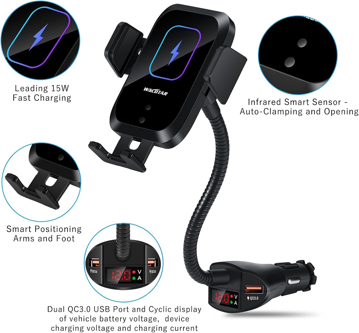 Car Cigarette Lighter Wireless Charger- Phone Holder Mount,Automatic Infrared Smart Sensing 15W Qi Fast Wireless Charging Cradle for Cell Phone,Dual USB, Double QC3.0 Output Pack of 2