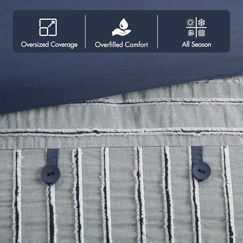 Madison Park King Comforter Set Clipped Jacquard Stripes with Buttons Boho Comforter for a King-Size Bed, Cotton Oversized Comforters with Removable Cover Boho Bedding, King Ivory 9 Piece