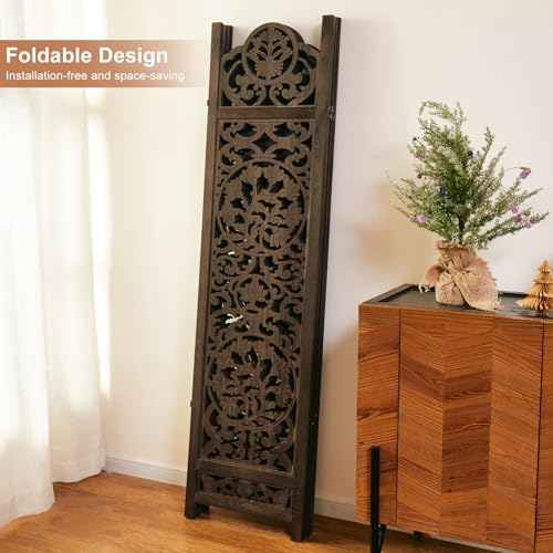 5.75Ft Room Divider Wood Carved Wall Divider Indoor Folding Portable Partition Screen for Home Office Garden Terrace - 4 Panel (Antique Brown)