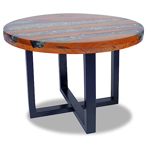 Coffee Table Teak Resin 23.6",Round Coffee Table with Resin Decoration, Rustic Teak & Mango Wood Table for Living Room or Bedroom