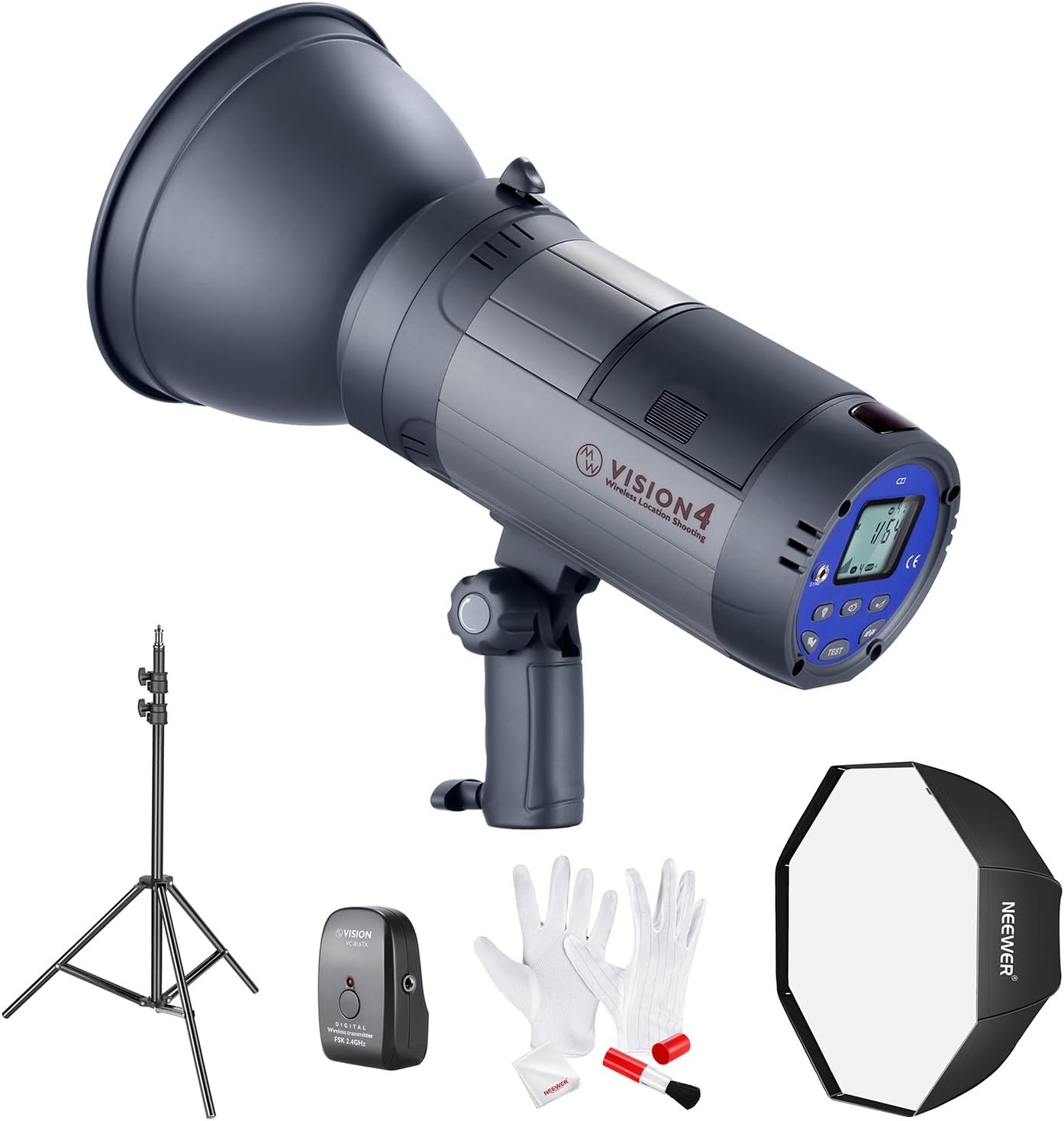 Neewer Vision 4 Powered Outdoor Studio Flash Strobe (1000 Full Power Flashes) with Softbox, Light Stand and Cleaning Kit for Video Location Photography Product ID: 5