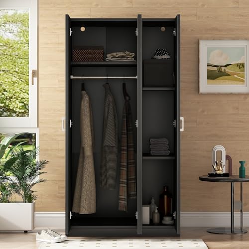 Modern Wardrobe with 3-Door and Storage Drawer, Wooden Armoire with Hanging Rod and 3 Fixed Shelves for Bedrooms Apartment (White-3F)