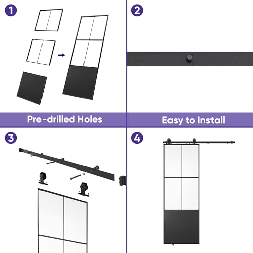 JUBEST 30" x 84" Glass Sliding Barn Door with Top Mounted Hardware Kit Included, 3-Panel Aluminum Frame and Frosted Tempered Glass French Door, Black Sliding Door, Easy to Install