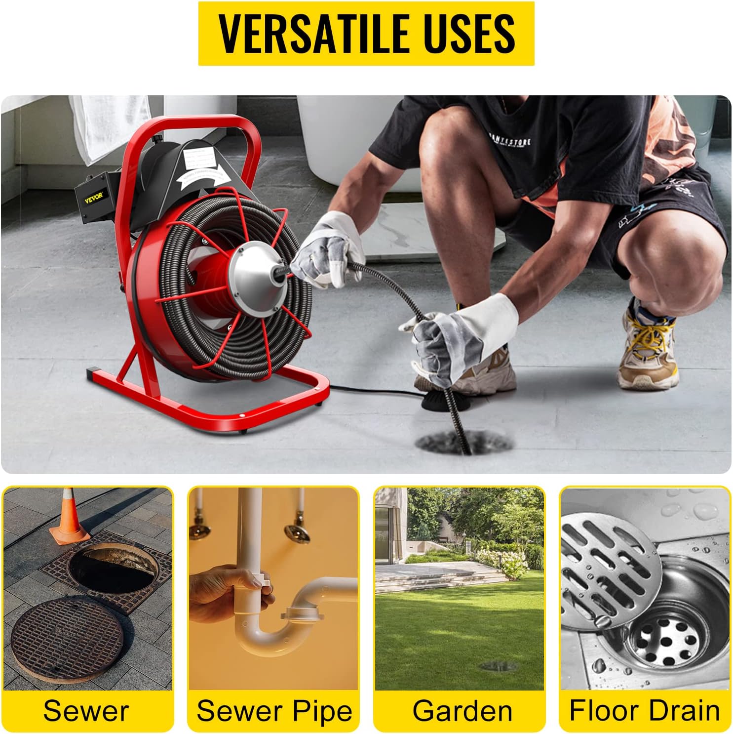 VEVOR Drain Cleaner Machine, 75 Ft x 1/2 Inch Drain Cleaning Machine Fits 1 to 4 Inch Pipes, Portable Drain Auger Cleaner with 4 Cutters, Electric Drain Clog Remover Plumbing Tool