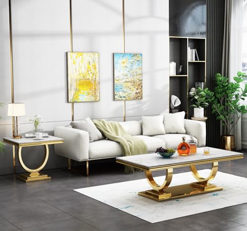 47" White Marble Coffee Table, Modern Rectangular Faux Marble Coffee Table with Silver Mirrored Stainless Steel Pedestal, Elegant Cocktail Center Table Sofa Table for Living Room