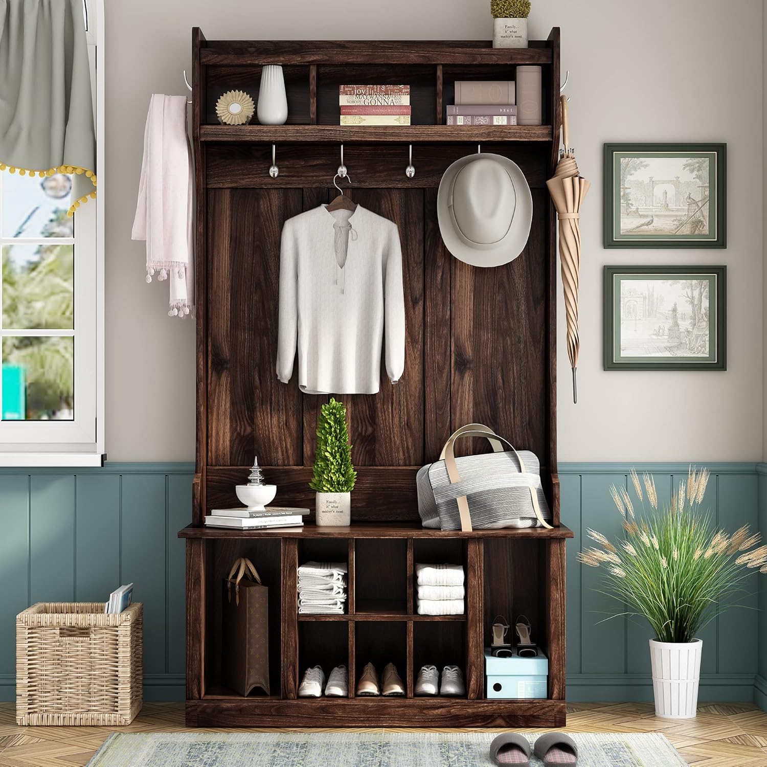 Hall Tree with 6 Hooks, Coat Hanger, Entryway Bench, Storage Bench, 3-in-1 Design, 39.4INCH, for Entrance, Hallway(Tiger)
