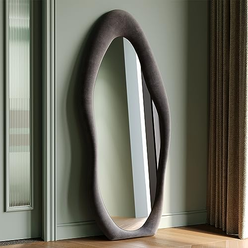 Honyee Full Length Mirror, 63" x 24" Wall Mirror, Flannel Wrapped Wooden Frame Floor Mirror, Irregular Wavy Mirror Hanging or Leaning Against Wall for Cloakroom/Bedroom/Living Room, Milk Tea