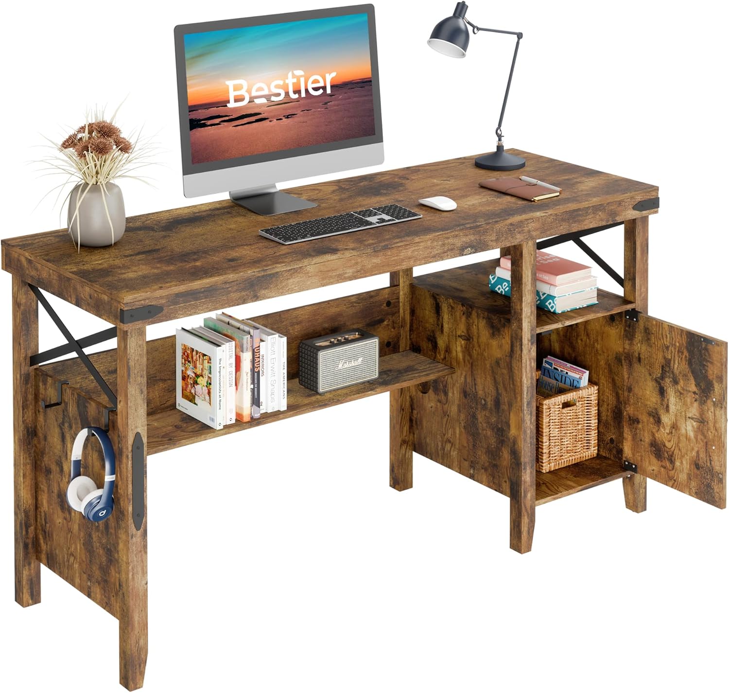 Bestier Farmhouse Computer Desk with Storage Cabinet, 55 Inch Home Office Table with Bookshelf, Rustic Brown